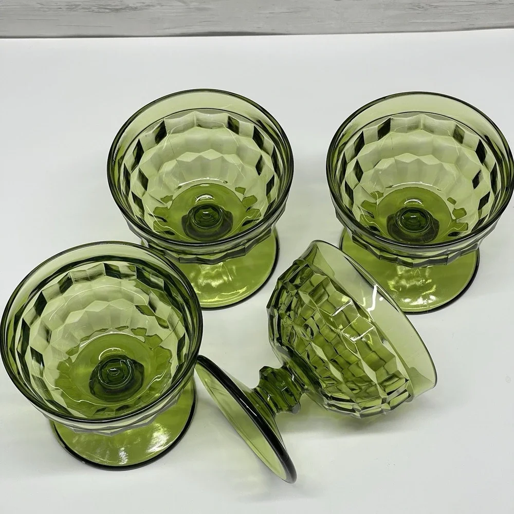 Vtg Indiana Glass Avocado Green‎ Footed Cubist Sherbet Dessert Dishes Lot of 4